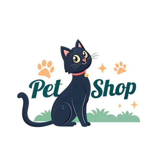 Gatto nero con collare con testo del brand petshop